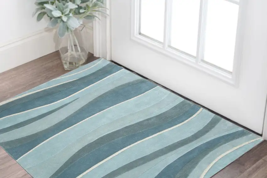 Ocean Blue Teal Hand Tufted Abstract Waves Indoor Accent Rug Photo 1