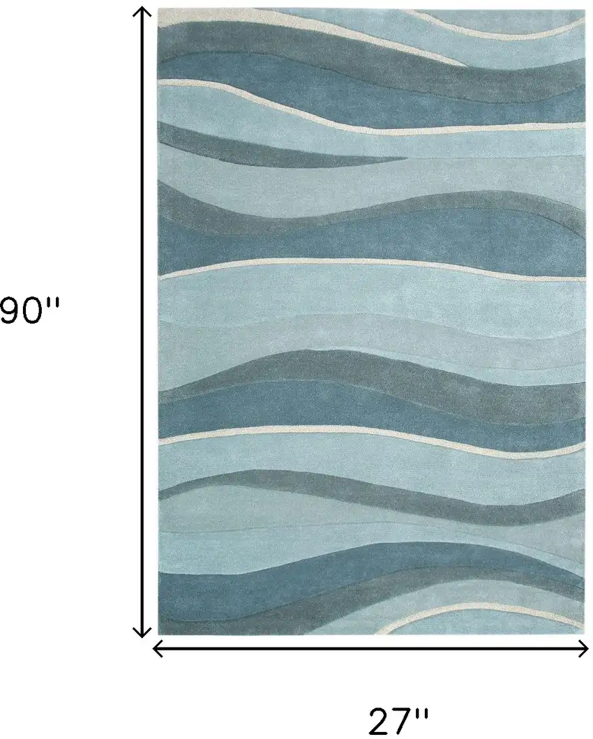 8' Ocean Blue Teal Hand Tufted Abstract Waves Indoor Runner Rug Photo 5