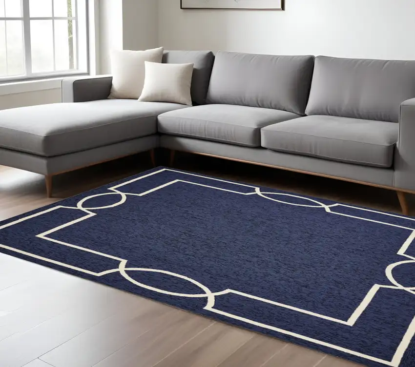 Navy and Ivory Geometric Hand Hooked Area Rug Photo 1