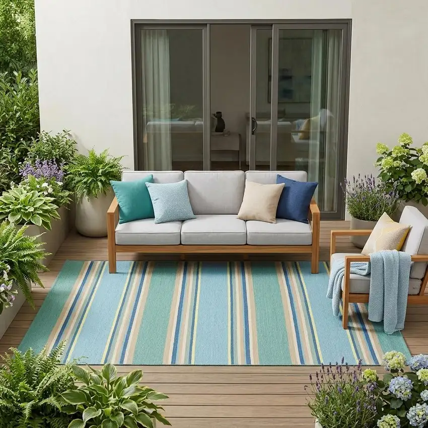 Blue Striped Indoor Outdoor Area Rug Photo 1