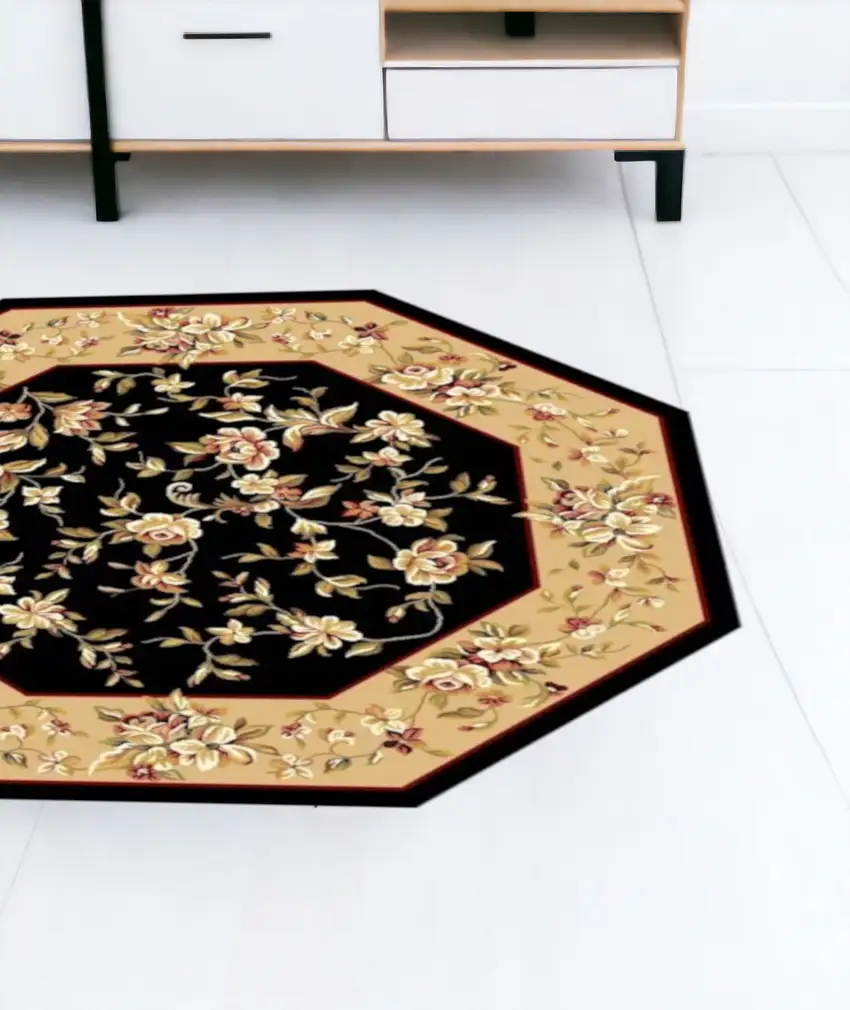 Black Or Beige Floral Bordered Indoor Area Rug Photo 2