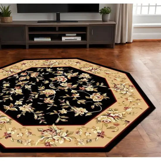 7' Tan Black And Beige Floral Vines Octagon Rug Photo 1