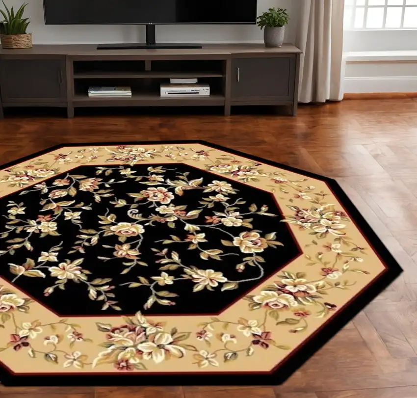 7' Tan Black And Beige Floral Vines Octagon Rug Photo 1
