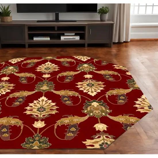 7' Red Beige And Brown Floral Vines Octagon Rug Photo 2