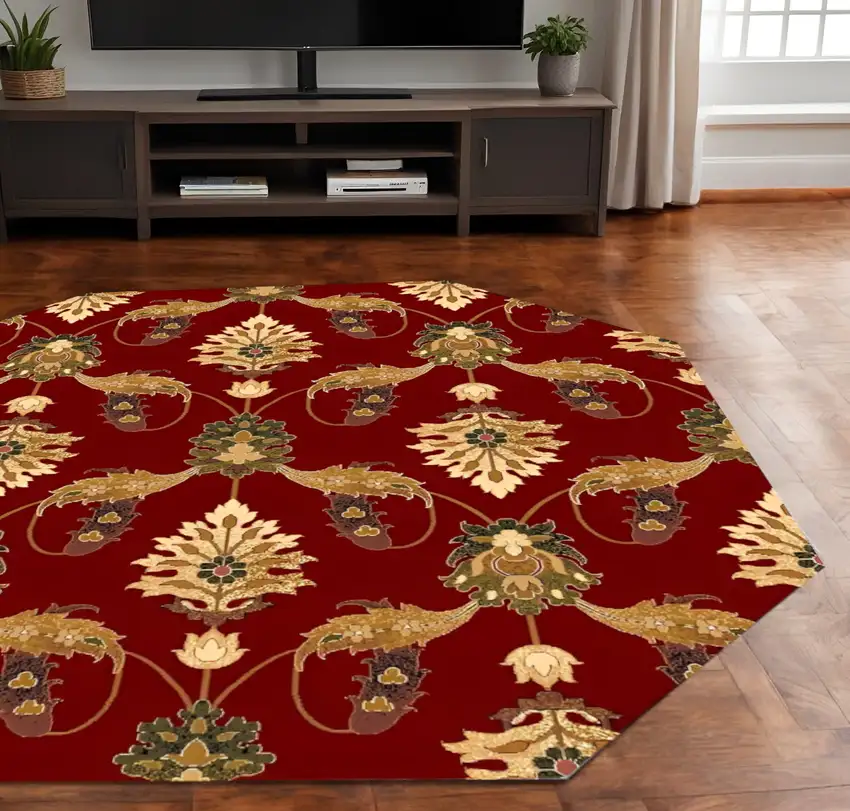 7' Red Beige And Brown Floral Vines Octagon Rug Photo 2
