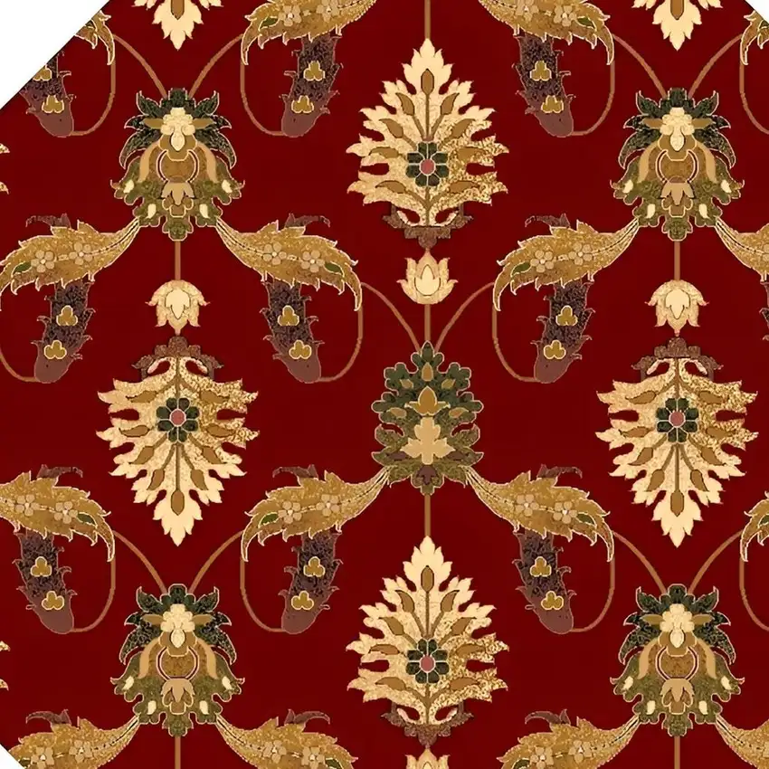 7' Red Beige And Brown Floral Vines Octagon Rug Photo 3
