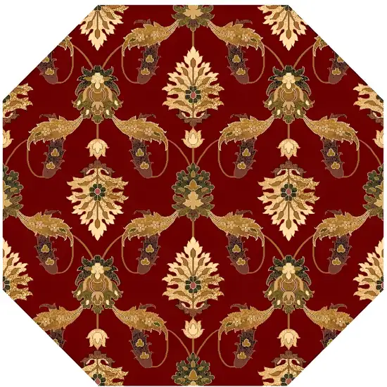 7' Red Beige And Brown Floral Vines Octagon Rug Photo 1