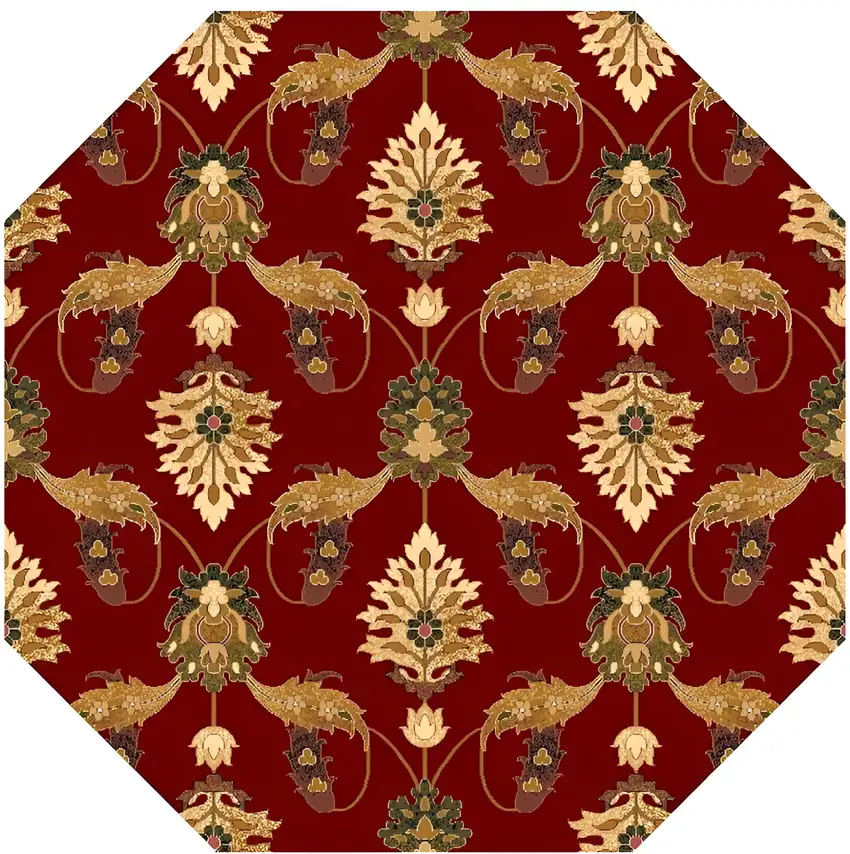 7' Red Beige And Brown Floral Vines Octagon Rug Photo 1