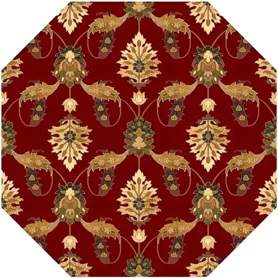 7' Red Beige And Brown Floral Vines Octagon Rug Photo 4