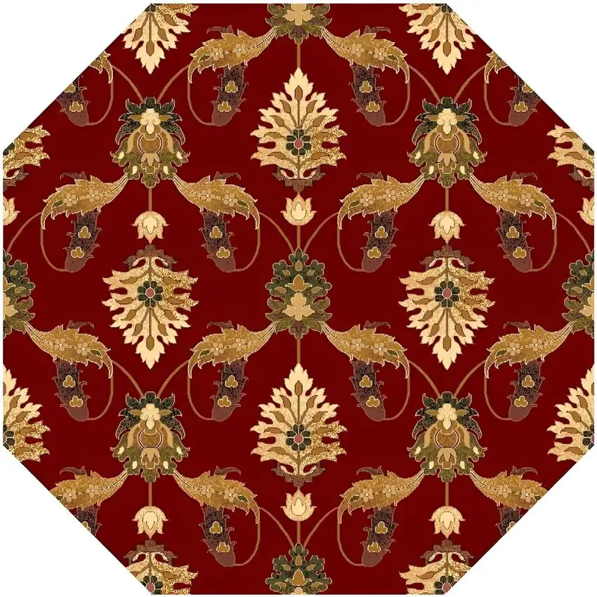 7' Red Beige And Brown Floral Vines Octagon Rug Photo 4