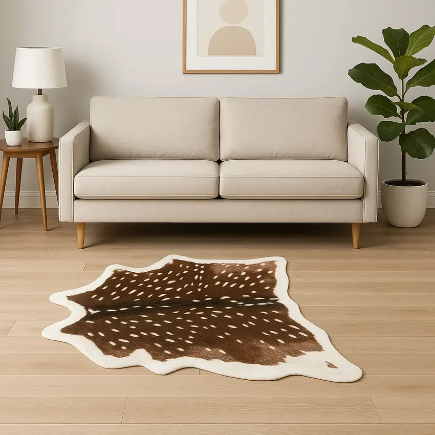 Off White And Brown Faux Cowhide Tufted Washable Non Skid Area Rug Photo 1