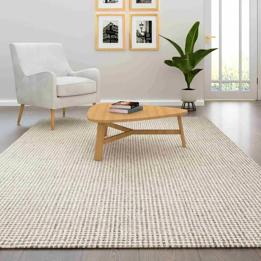 Off White And Gray Wool Checkered Hand Tufted Square Rug Photo 6