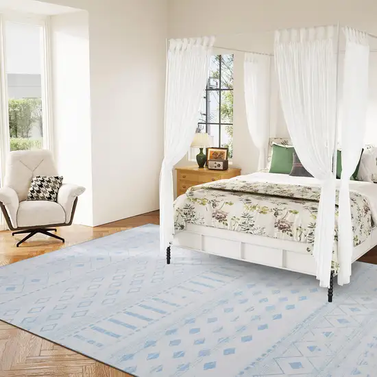 Off White And Light Blue Geometric Distressed Area Rug Photo 6