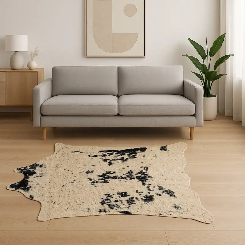 Off White Black and Gold Faux Cowhide Washable Area Rug Photo 1