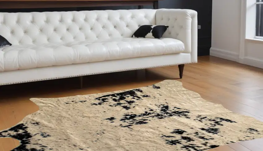 Off White Black and Gold Faux Cowhide Washable Area Rug Photo 1