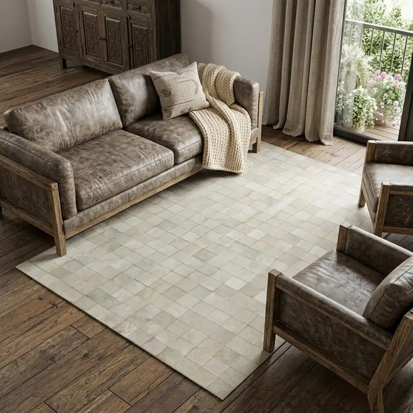 Off White Cowhide Patchwork Area Rug Photo 1