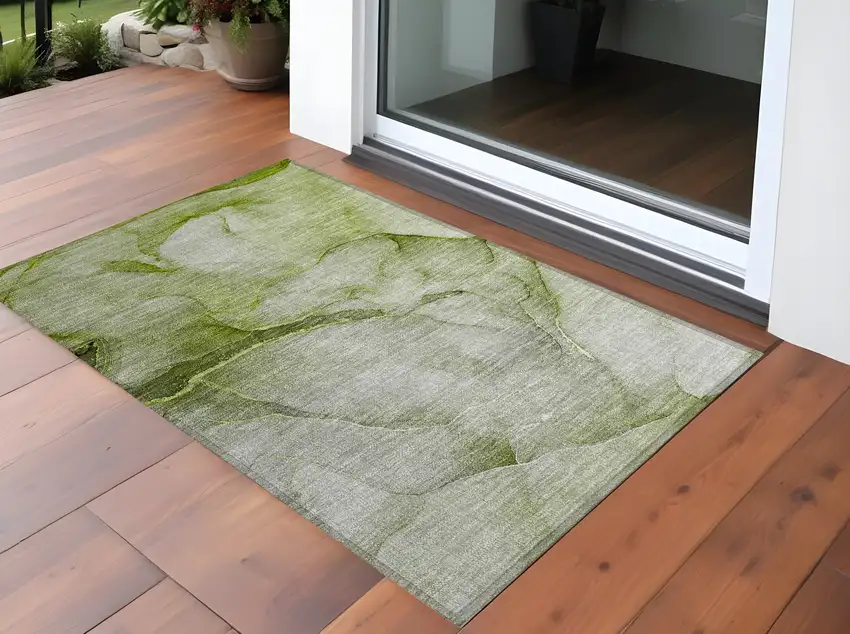 Olive Green Abstract Washable Non Skid Indoor Outdoor Area Rug Photo 1