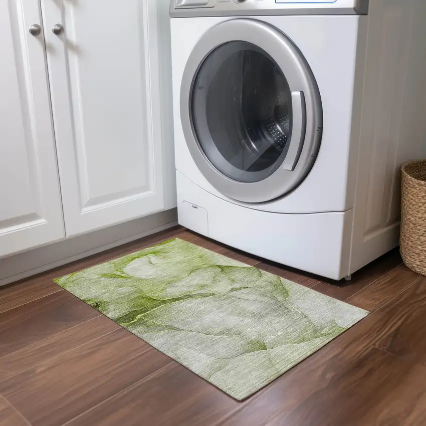 Olive Green Abstract Washable Non Skid Indoor Outdoor Area Rug Photo 9