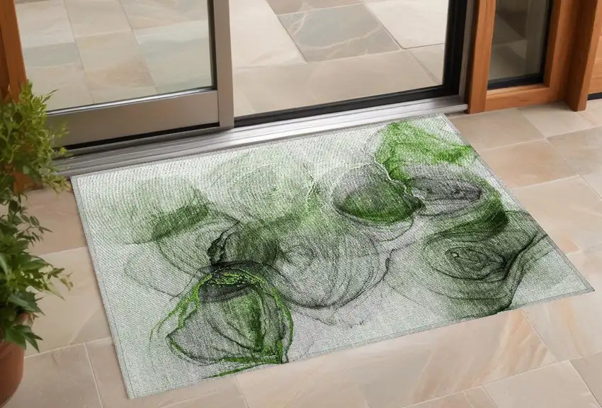 Olive Green Abstract Washable Non Skid Indoor Outdoor Area Rug Photo 1