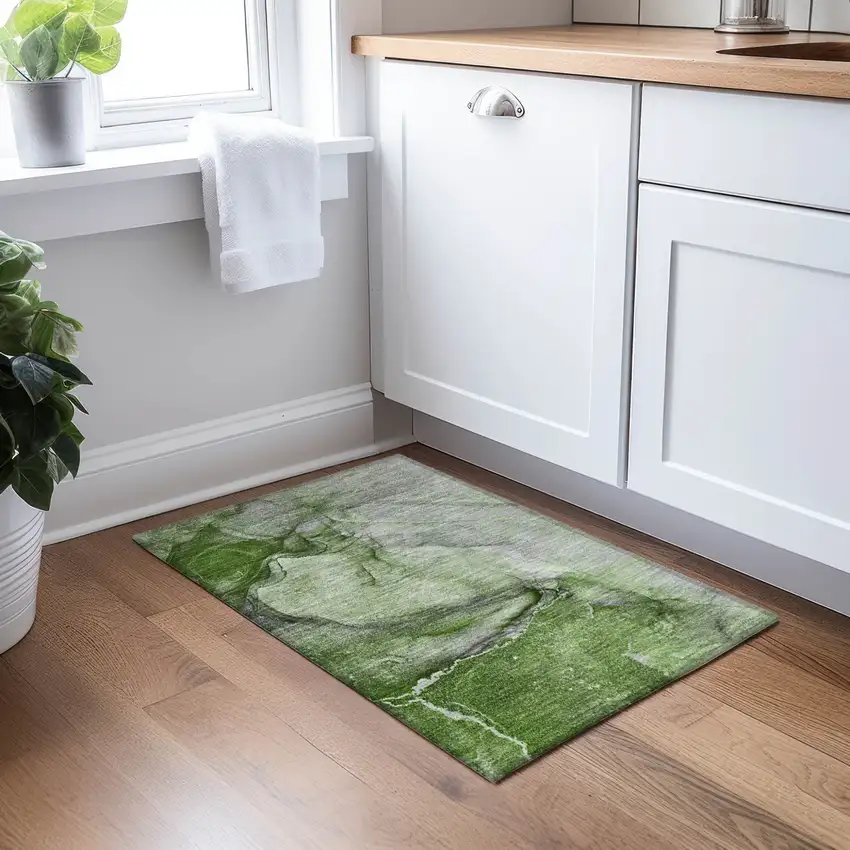 Olive Green Abstract Washable Non Skid Indoor Outdoor Area Rug Photo 9