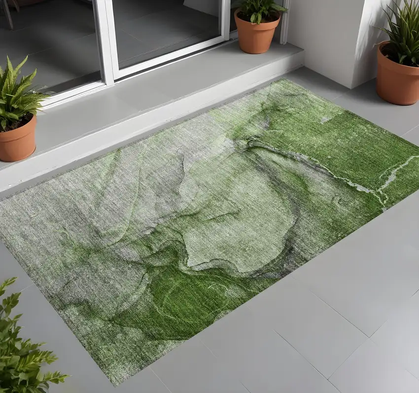 Olive Green Abstract Washable Non Skid Indoor Outdoor Area Rug Photo 1