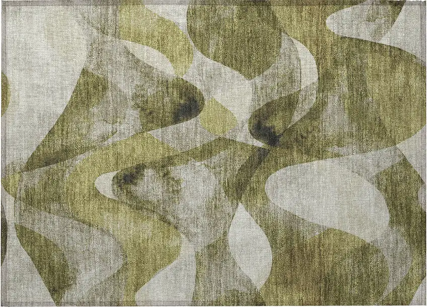 Olive Green Abstract Washable Non Skid Indoor Outdoor Area Rug Photo 2