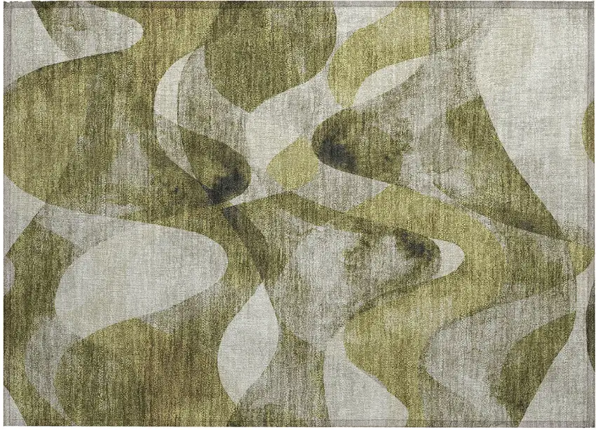 Olive Green Abstract Washable Non Skid Indoor Outdoor Area Rug Photo 2
