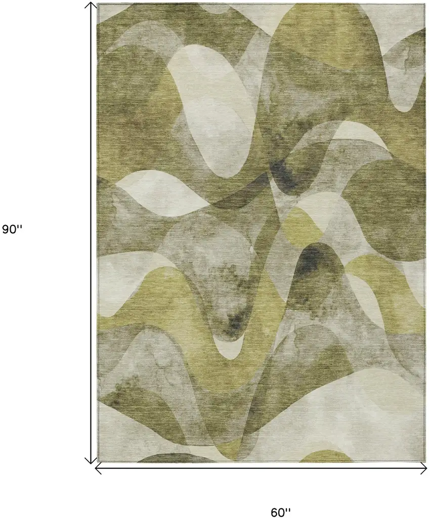 Olive Green Abstract Washable Non Skid Indoor Outdoor Area Rug Photo 3