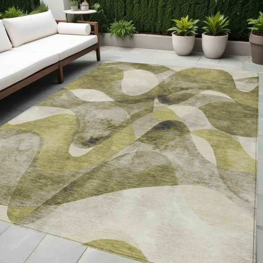 Olive Green Abstract Washable Non Skid Indoor Outdoor Area Rug Photo 1