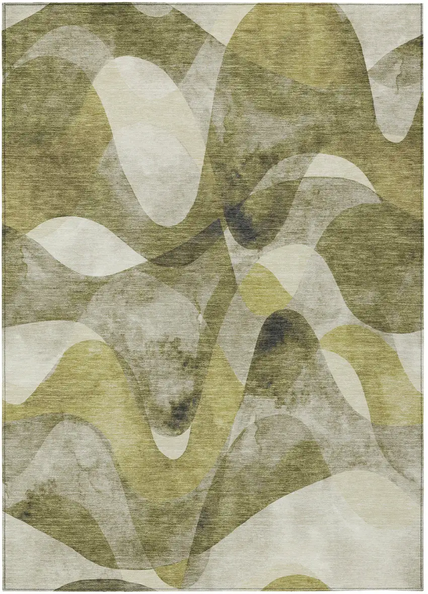 Olive Green Abstract Washable Non Skid Indoor Outdoor Area Rug Photo 2