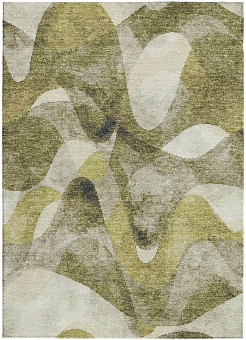 Olive Green Abstract Washable Non Skid Indoor Outdoor Area Rug Photo 3