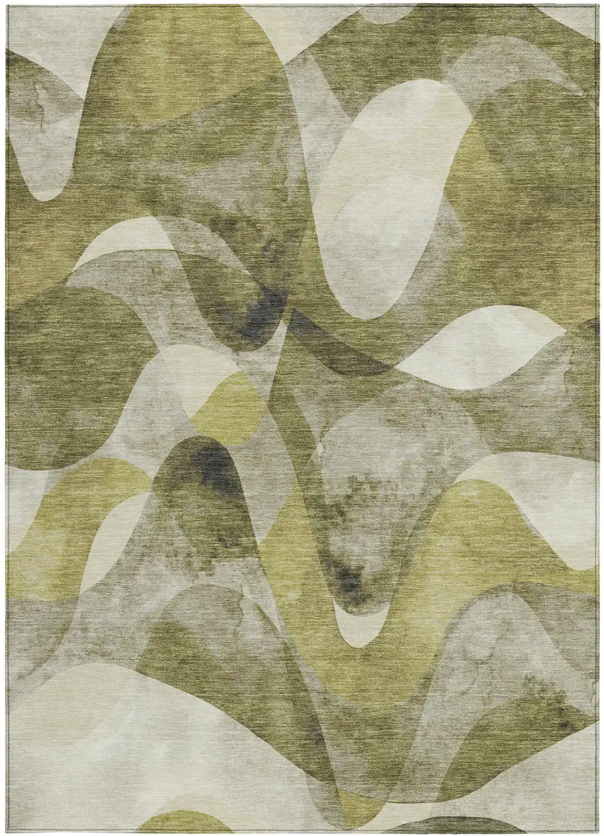 Olive Green Abstract Washable Non Skid Indoor Outdoor Area Rug Photo 2