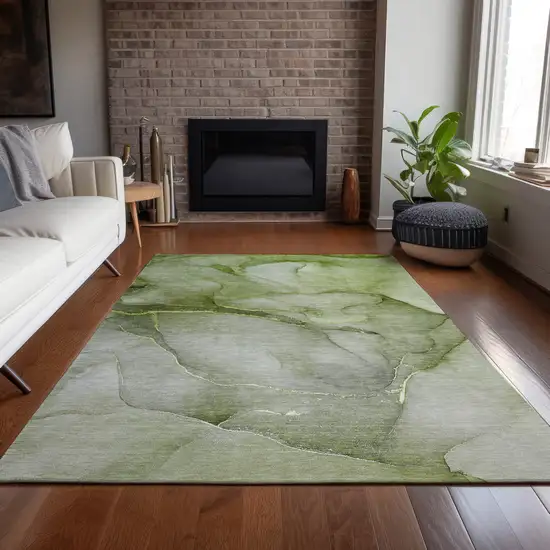 Olive Green Abstract Washable Non Skid Indoor Outdoor Area Rug Photo 9
