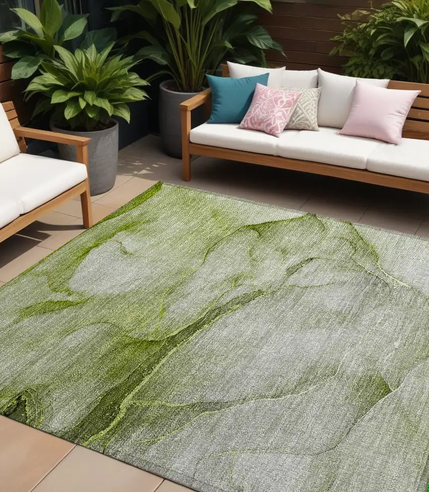 Olive Green Abstract Washable Non Skid Indoor Outdoor Area Rug Photo 1