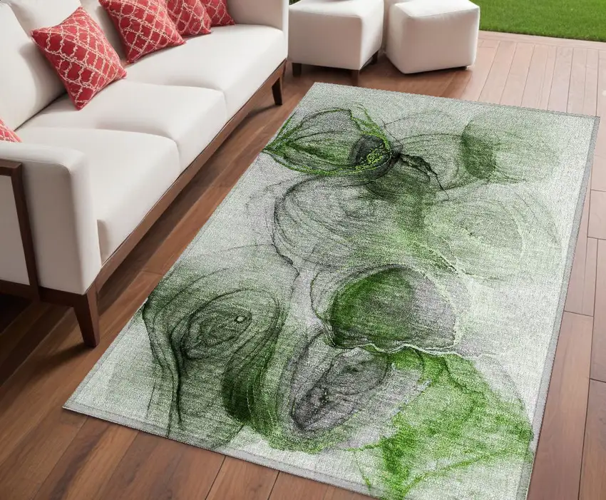 Olive Green Abstract Washable Non Skid Indoor Outdoor Area Rug Photo 1