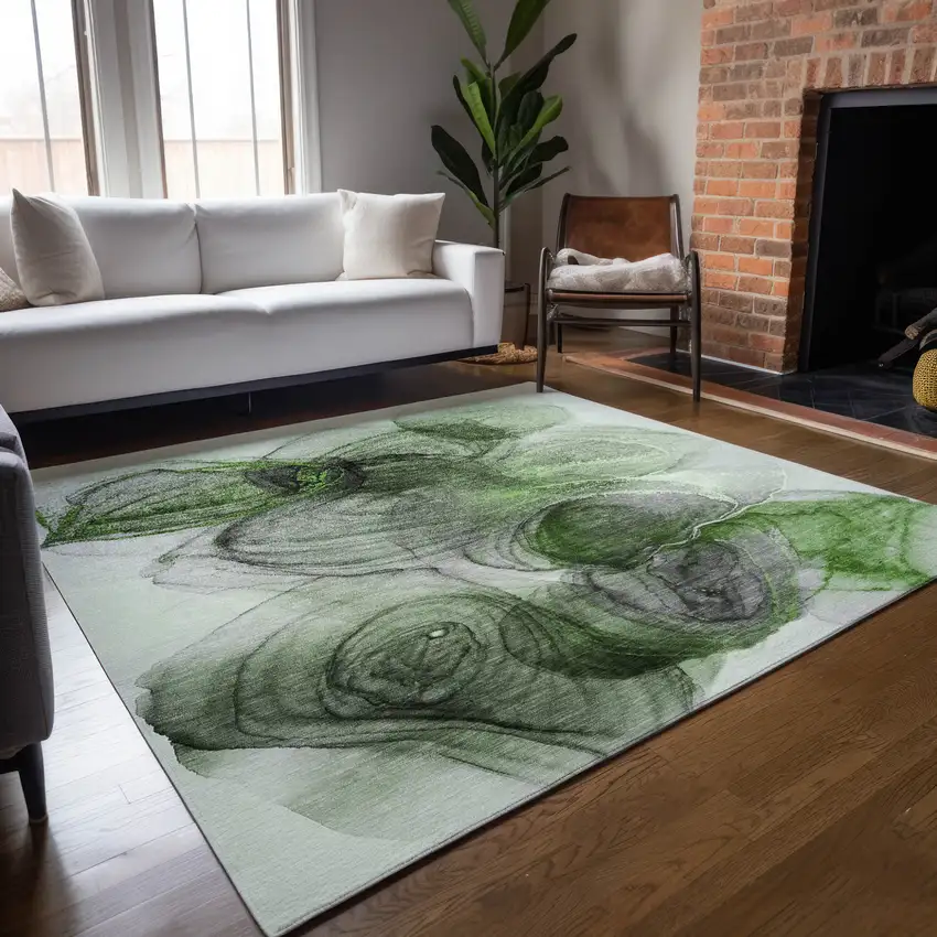 Olive Green Abstract Washable Non Skid Indoor Outdoor Area Rug Photo 9