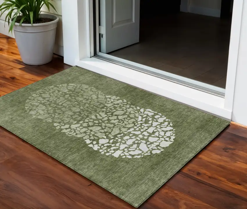 Olive Green And Artichoke Green Abstract Washable Indoor Outdoor Area Rug Photo 1