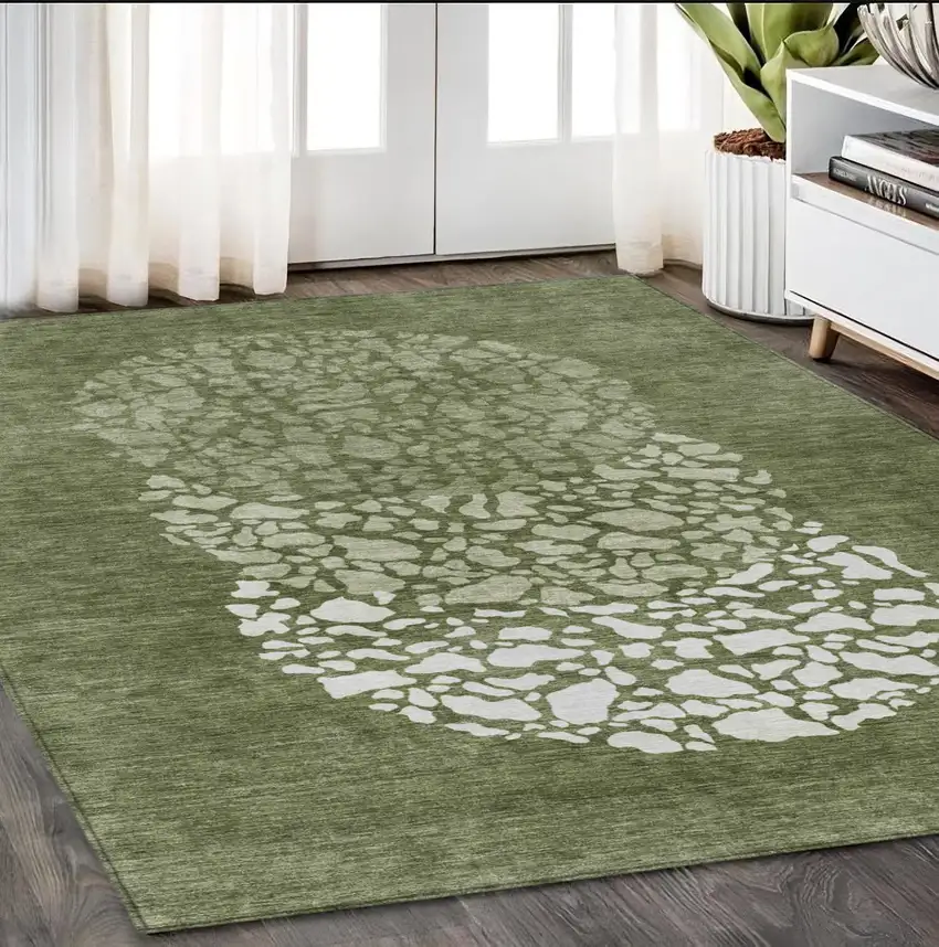 Olive Green And Artichoke Green Abstract Washable Indoor Outdoor Area Rug Photo 1