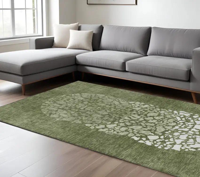 Olive Green And Artichoke Green Abstract Washable Indoor Outdoor Area Rug Photo 9
