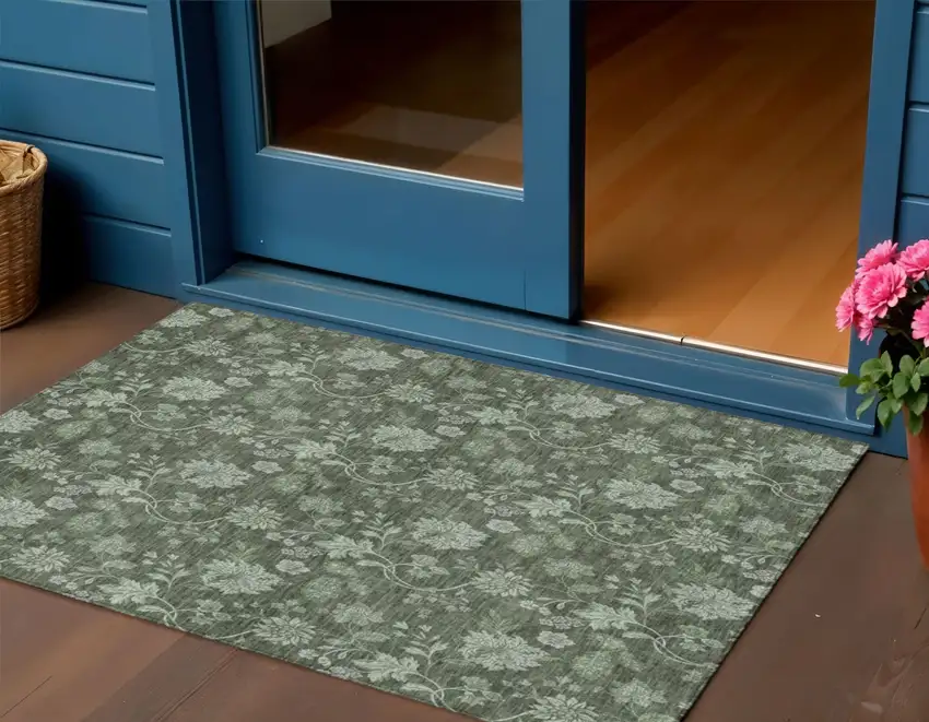 Olive Green And Artichoke Green Floral Washable Indoor Outdoor Area Rug Photo 1