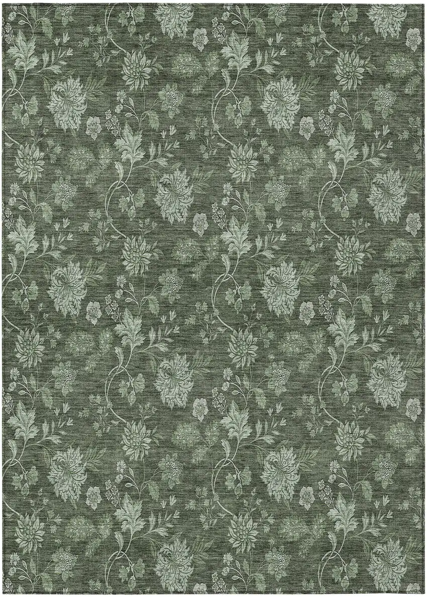 Olive Green And Artichoke Green Floral Washable Indoor Outdoor Area Rug Photo 2