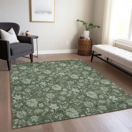 Olive Green And Artichoke Green Floral Washable Indoor Outdoor Area Rug Photo 9