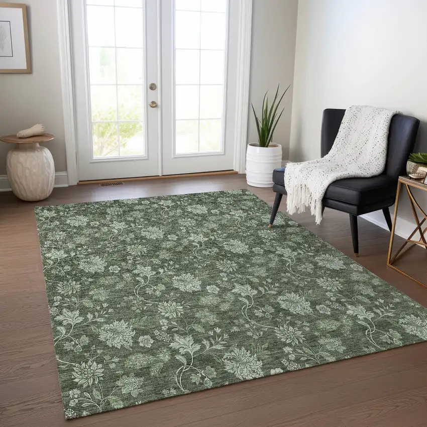 Olive Green And Artichoke Green Floral Washable Indoor Outdoor Area Rug Photo 9
