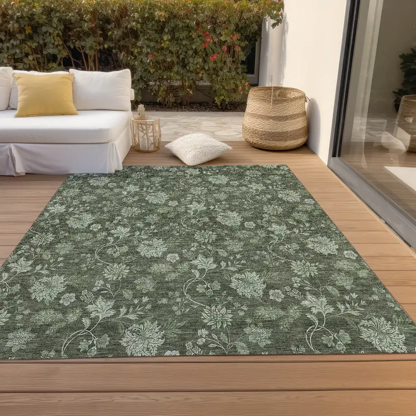 Olive Green And Artichoke Green Floral Washable Indoor Outdoor Area Rug Photo 8