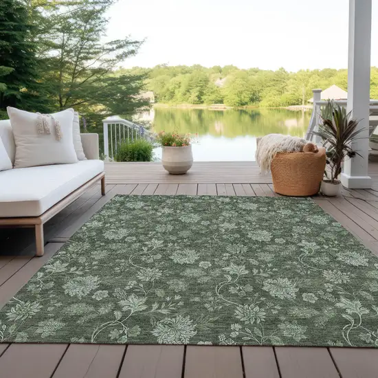 Olive Green And Artichoke Green Floral Washable Indoor Outdoor Area Rug Photo 9