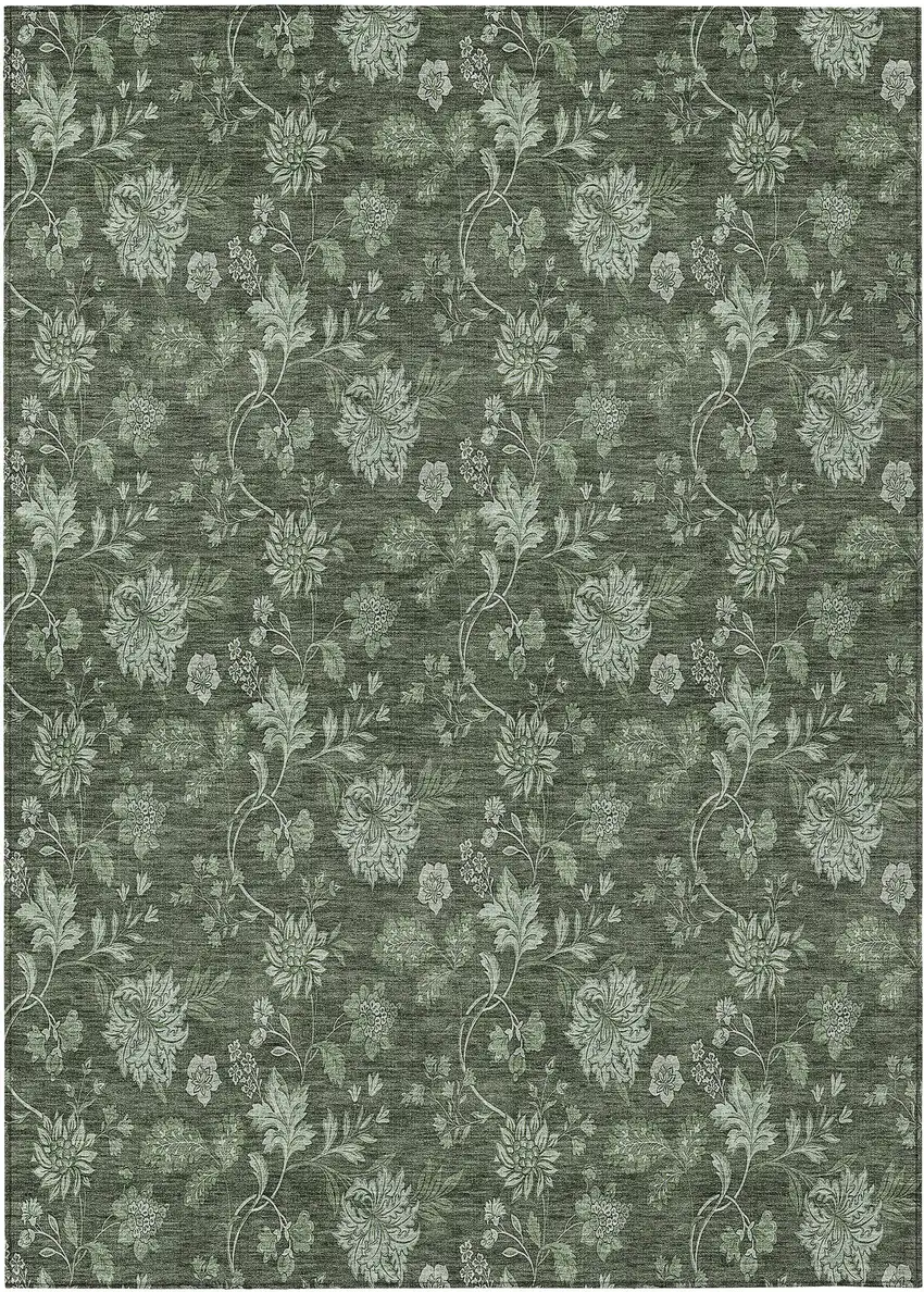 Olive Green And Artichoke Green Floral Washable Indoor Outdoor Area Rug Photo 2