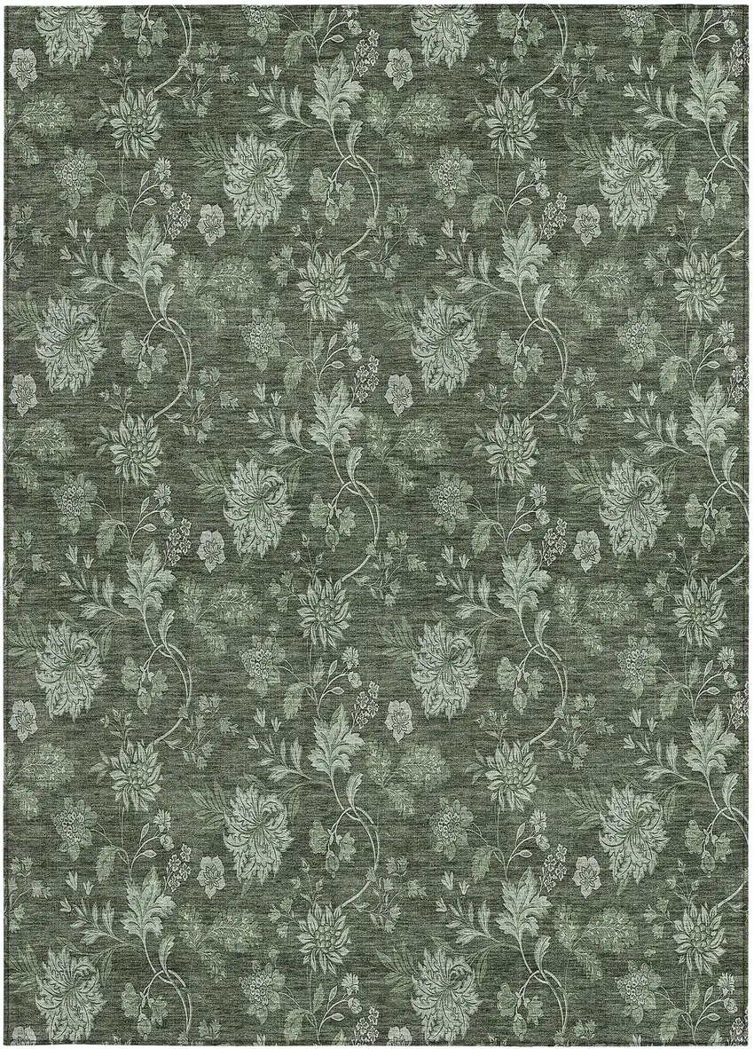 Olive Green And Artichoke Green Floral Washable Indoor Outdoor Area Rug Photo 6