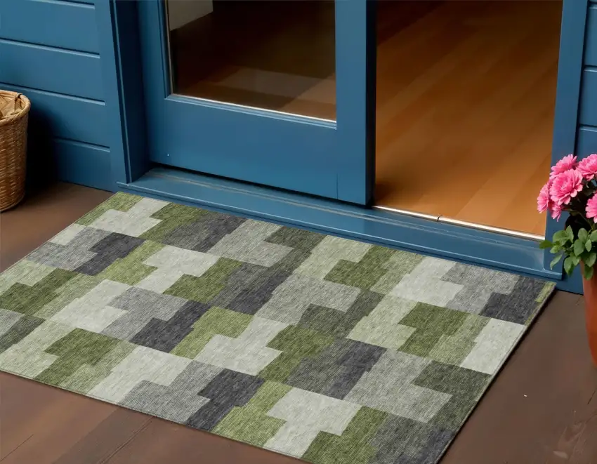 Olive Green And Artichoke Green Geometric Washable Indoor Outdoor Area Rug Photo 1