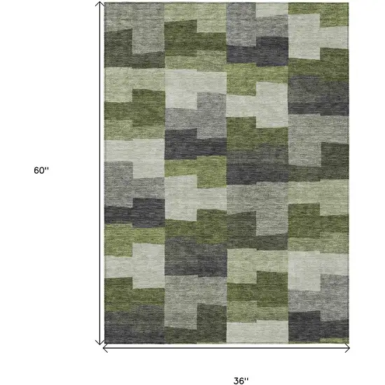 Olive Green And Artichoke Green Geometric Washable Indoor Outdoor Area Rug Photo 3
