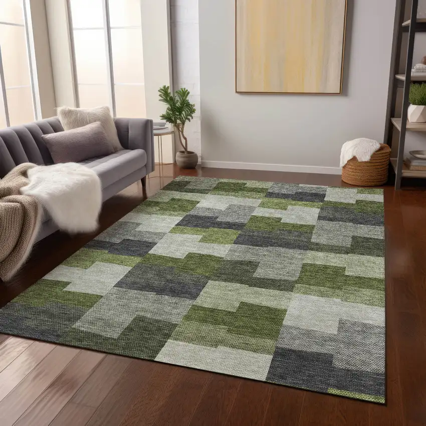 Olive Green And Artichoke Green Geometric Washable Indoor Outdoor Area Rug Photo 8